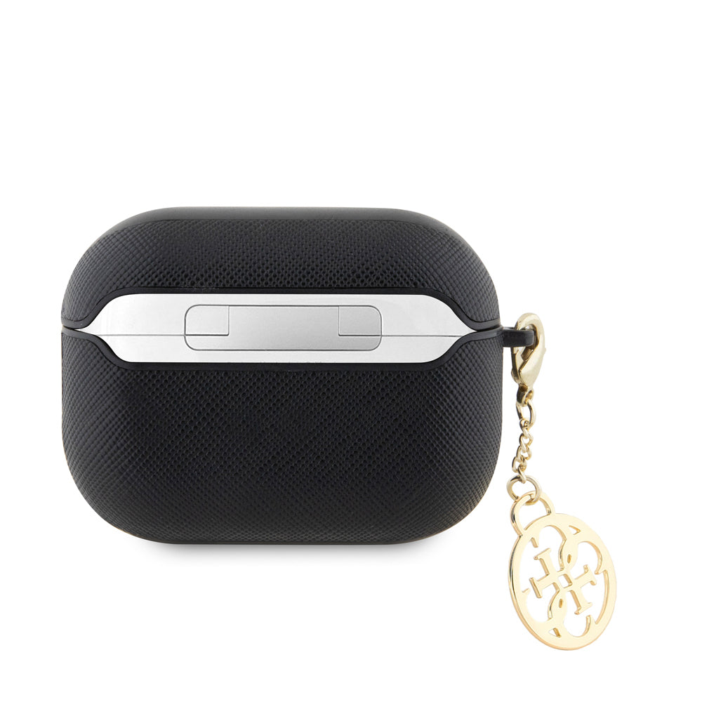 Apple Airpods Pro 2 Kılıf Guess Orjinal Lisanslı Dokulu 4G Yuvarlak Süs Zincirli Saffiano Kılıf Pembe