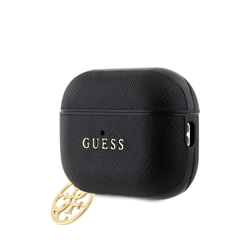 Apple Airpods Pro 2 Kılıf Guess Orjinal Lisanslı Dokulu 4G Yuvarlak Süs Zincirli Saffiano Kılıf Pembe