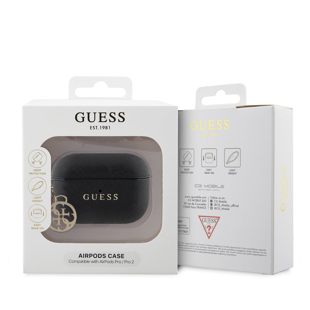 Apple Airpods Pro 2 Kılıf Guess Orjinal Lisanslı Dokulu 4G Yuvarlak Süs Zincirli Saffiano Kılıf Pembe
