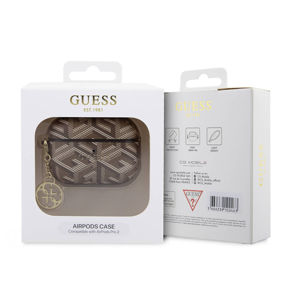Apple Airpods Pro 2 Kılıf Guess Orjinal Lisanslı G Cube Desenli 4G Süs Zincirli Kapak Kahverengi