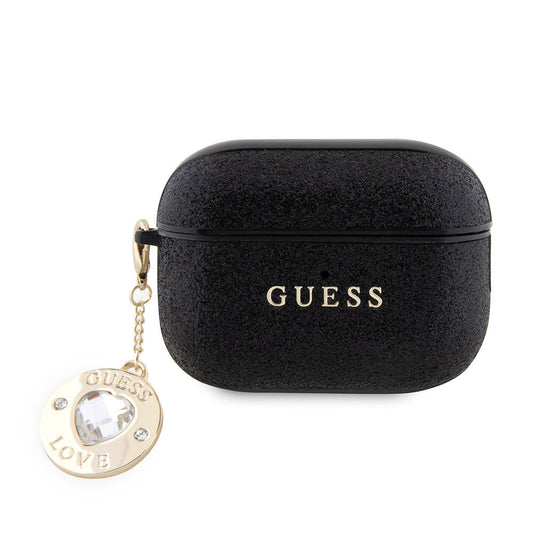 Apple Airpods Pro 2 Kılıf Guess Orjinal Lisanslı Glitter Elmas Kalp Süs Zincirli Kapak Siyah
