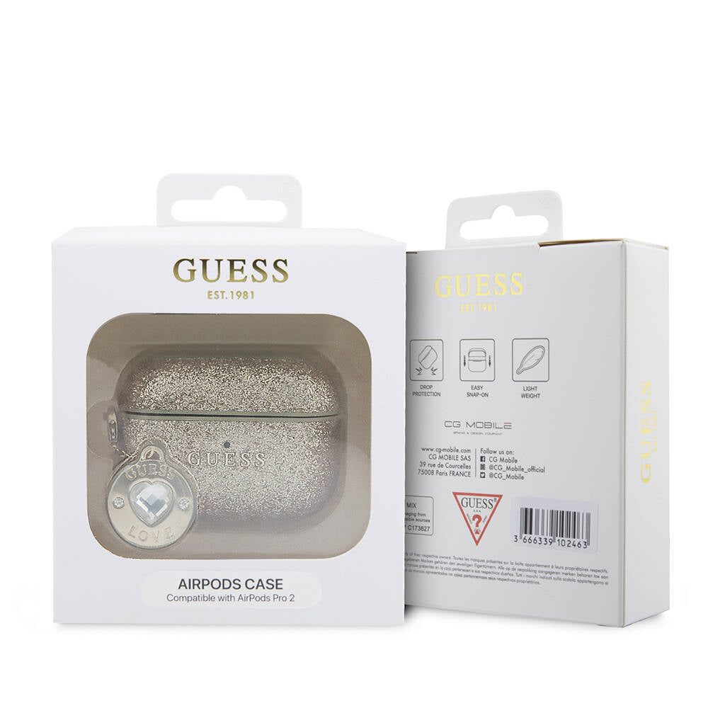 Apple Airpods Pro 2 Kılıf Guess Orjinal Lisanslı Glitter Elmas Kalp Süs Zincirli Kapak Siyah
