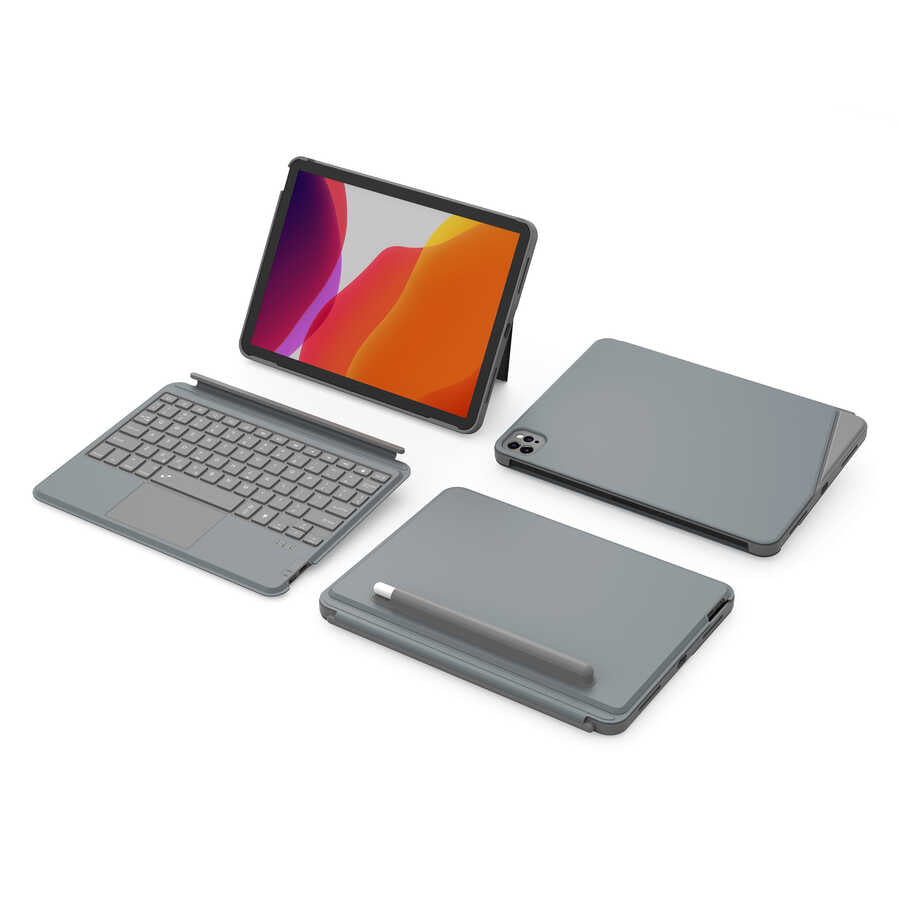 Apple iPad 10. Nesil 2022 10.9 Wiwu Combo Led Işıklı Magnetik Standlı Klavyeli Kılıf Gri