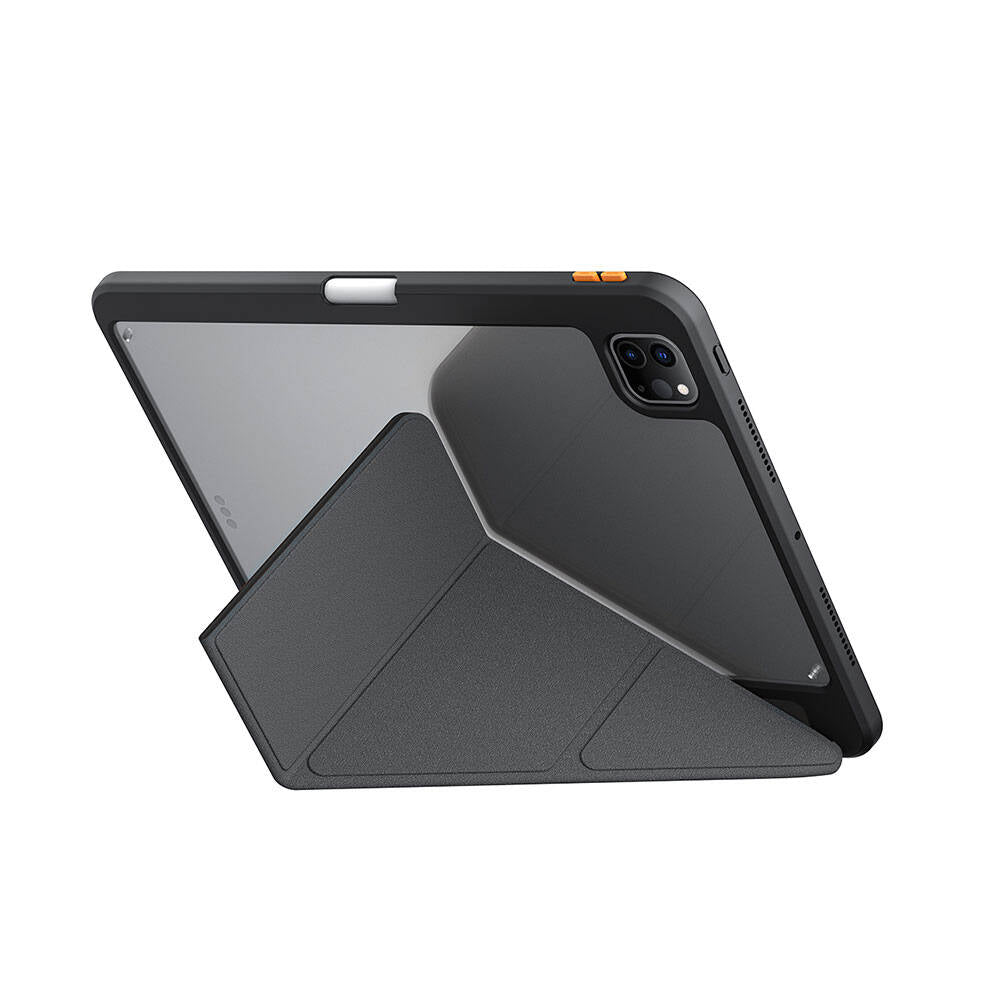 Apple iPad Pro 11 2024 Kılıf SkinArma Kabartma Baskı Tasarımlı 360 Tam Koruma Arkası Şeffaf Standlı Gamma Kılıf Siyah