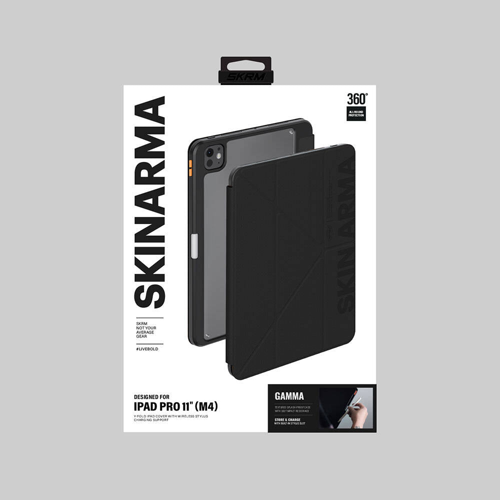 Apple iPad Pro 11 2025 M5 Kılıf SkinArma Kabartma Baskı Tasarımlı 360 Tam Koruma Arkası Şeffaf Standlı Gamma Kılıf Gold