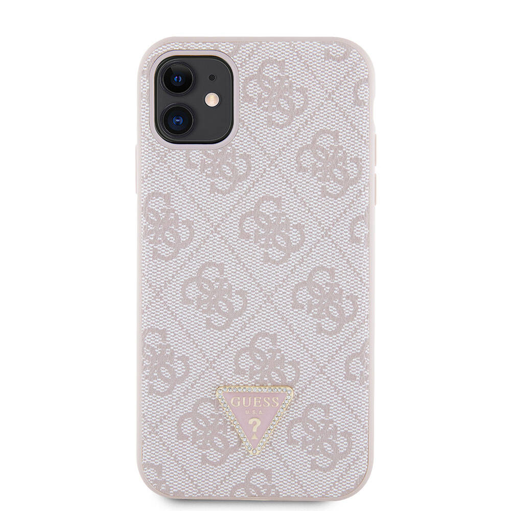 Apple iPhone 11 Kılıf Guess Orjinal Lisanslı PU Deri Taşlı Üçgen Logo 4G Desenli Kapak Pembe