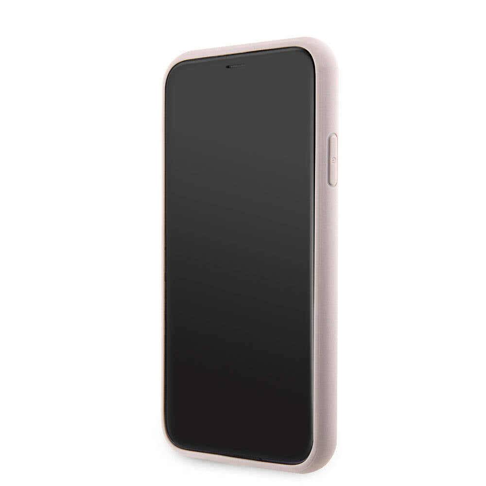 Apple iPhone 11 Kılıf Guess Orjinal Lisanslı PU Deri Taşlı Üçgen Logo 4G Desenli Kapak Pembe