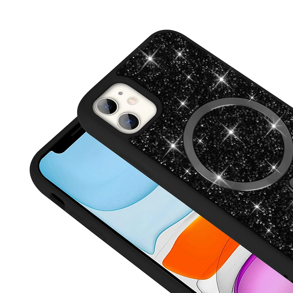 Apple iPhone 11 Kılıf Pırlanta Tasarımlı M-safe Şarj Özellikli Zore Mozaik Silikon Kapak Siyah