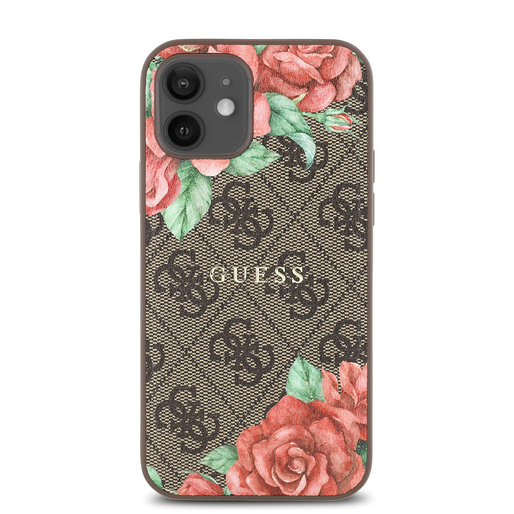 Apple iPhone 12 Kılıf Guess Orjinal Lisanslı Magsafe Şarj Özellikli Gül Baskılı 4G Desenli Yazı Logolu Kapak Siyah