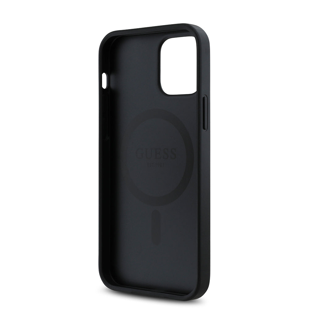 Apple iPhone 12 Pro Kılıf Guess Orjinal Lisanslı Magsafe Şarj Özellikli Gül Baskılı 4G Desenli Yazı Logolu Kapak Siyah