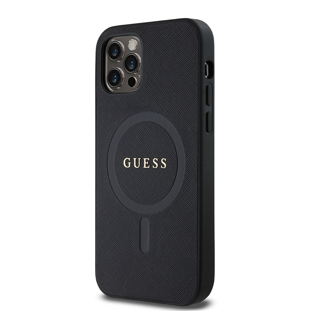 Apple iPhone 12 Pro Kılıf Guess Orjinal Lisanslı Magsafe Şarj Özellikli Yazı Logolu Saffiano Classic Kapak Siyah