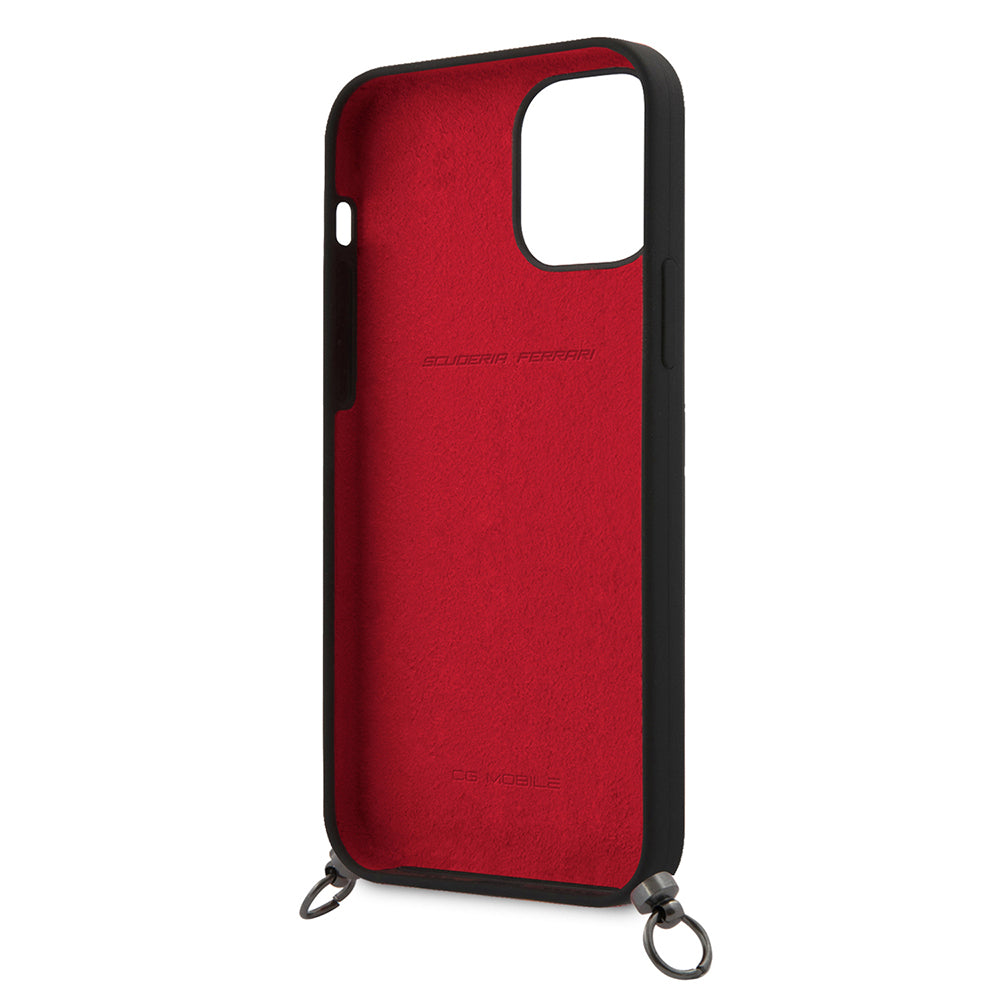 Apple iPhone 12 Pro Max Kılıf Ferrari Orjinal Lisanslı Askılı Metal Logolu Kapak Siyah