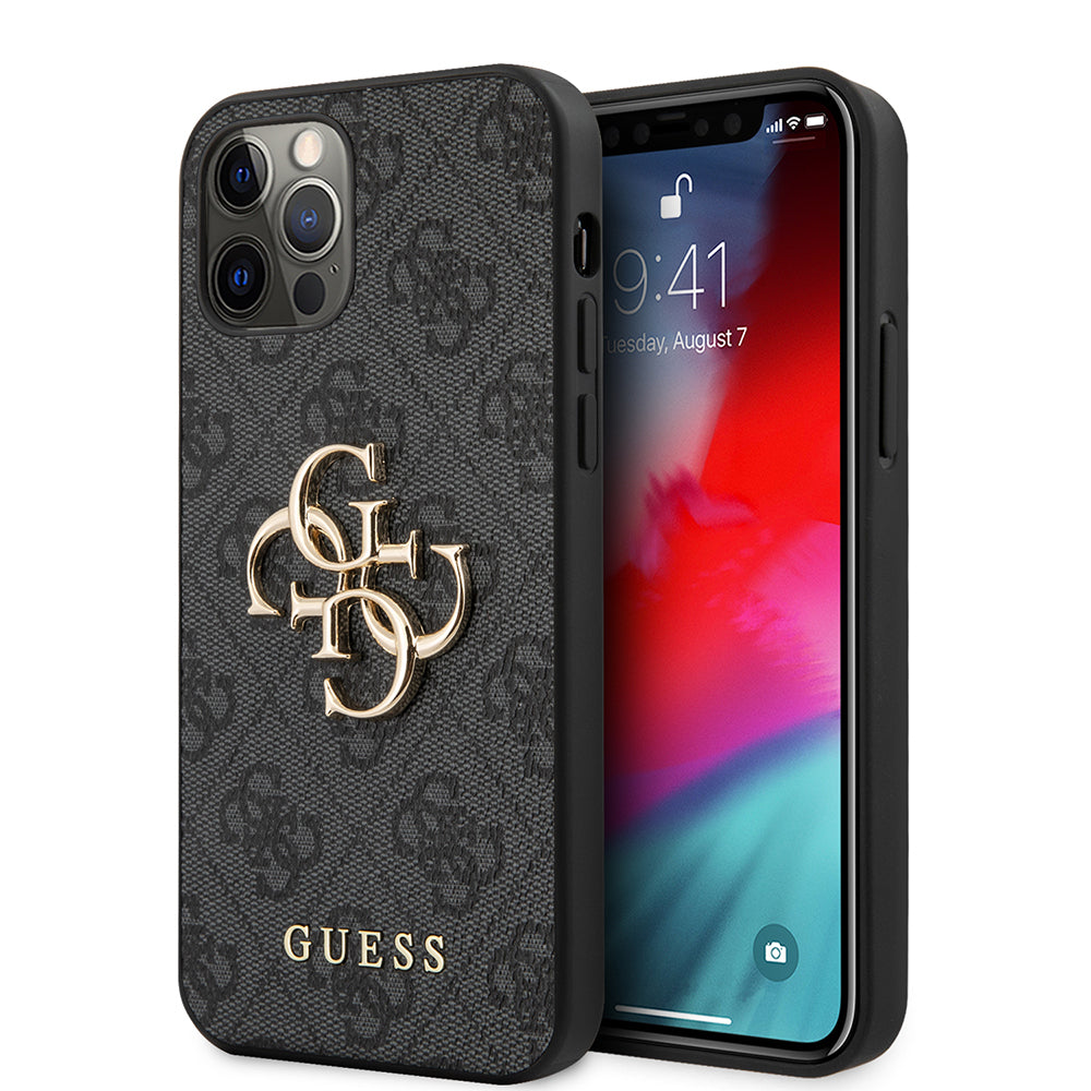 Apple iPhone 12 Pro Max Kılıf Guess Orjinal Lisanslı PU Deri Büyük Metal Logo Dizaynlı Kapak Kahverengi