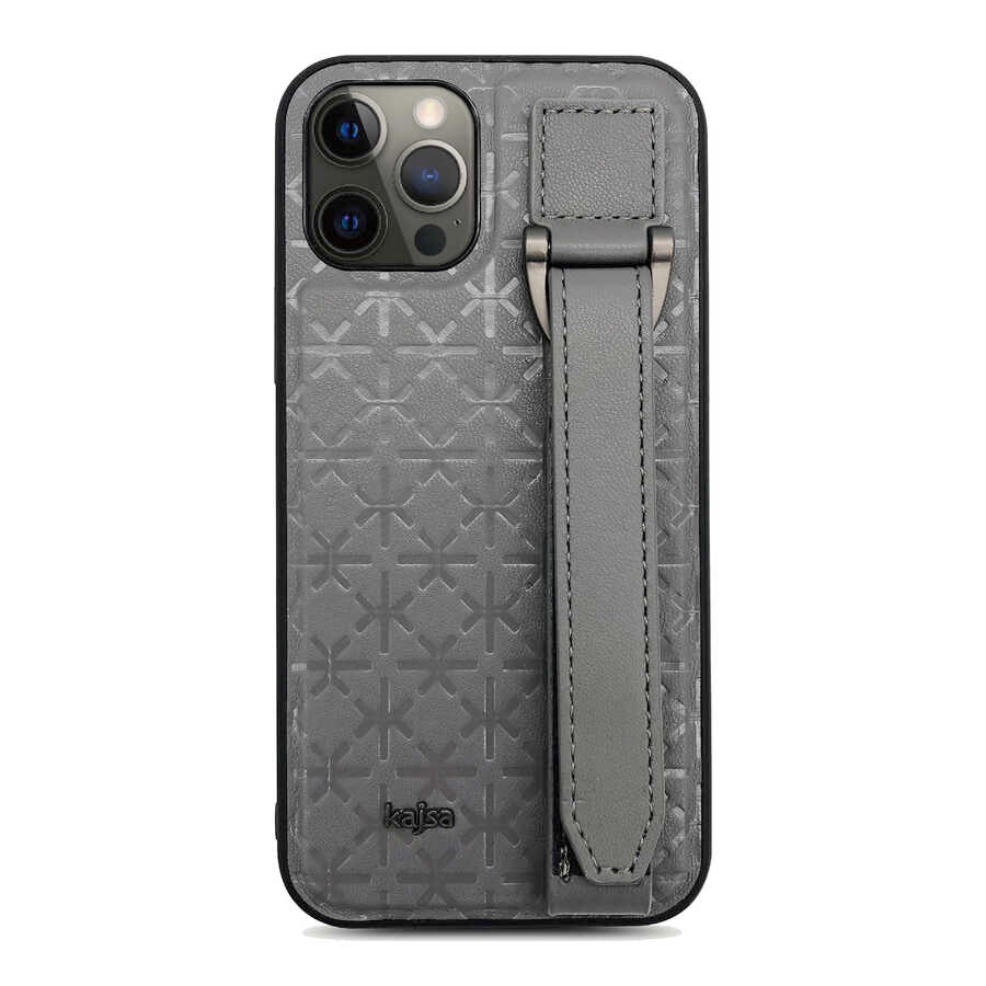 Apple iPhone 12 Pro Max Kılıf Kajsa Neo Clasic Serisi Mono K Strap Kapak Gri