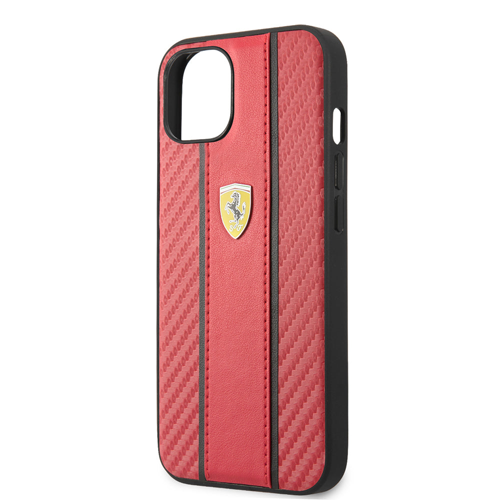 Apple iPhone 13 Kılıf Ferrari Orjinal Lisanslı PU Deri Ve Karbon Dizayn Kapak Kırmızı