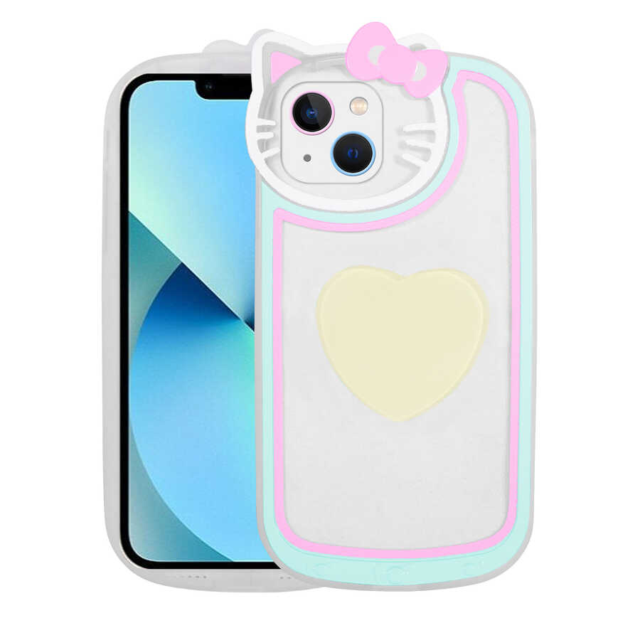 Apple iPhone 13 Kılıf Kedi Figürlü Transparan Pop Soketli Zore Ritmik Kapak Beyaz