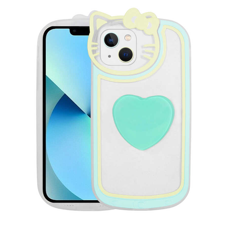 Apple iPhone 13 Kılıf Kedi Figürlü Transparan Pop Soketli Zore Ritmik Kapak Turkuaz