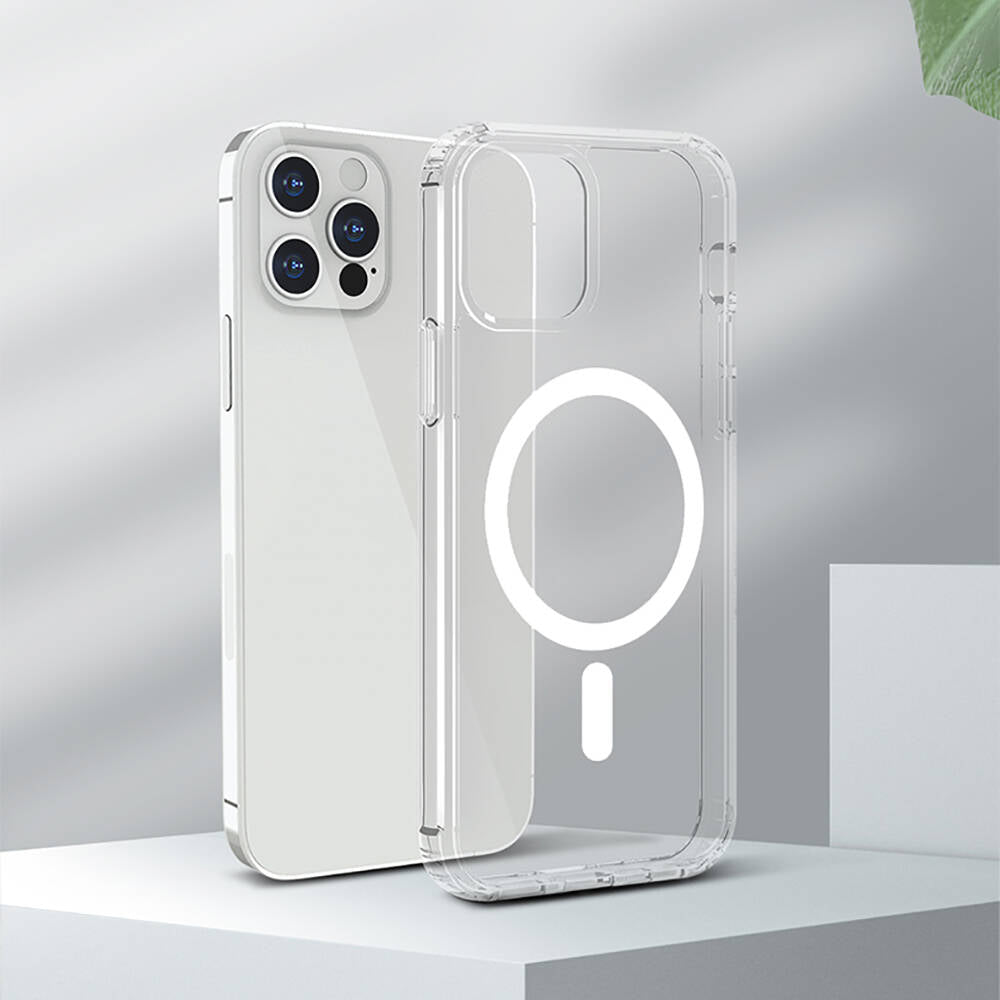 Apple iPhone 13 Kılıf Magsafe Şarj Özellikli Airbagli Şeffaf PC Arka Yüzey Recci Magnetik Suction Serisi Kapak Şeffaf