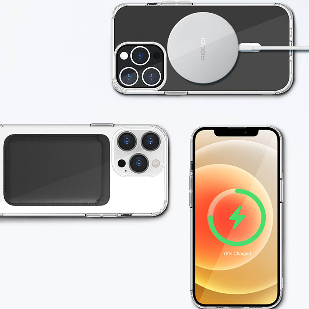 Apple iPhone 13 Kılıf Magsafe Şarj Özellikli Airbagli Şeffaf PC Arka Yüzey Recci Magnetik Suction Serisi Kapak Şeffaf
