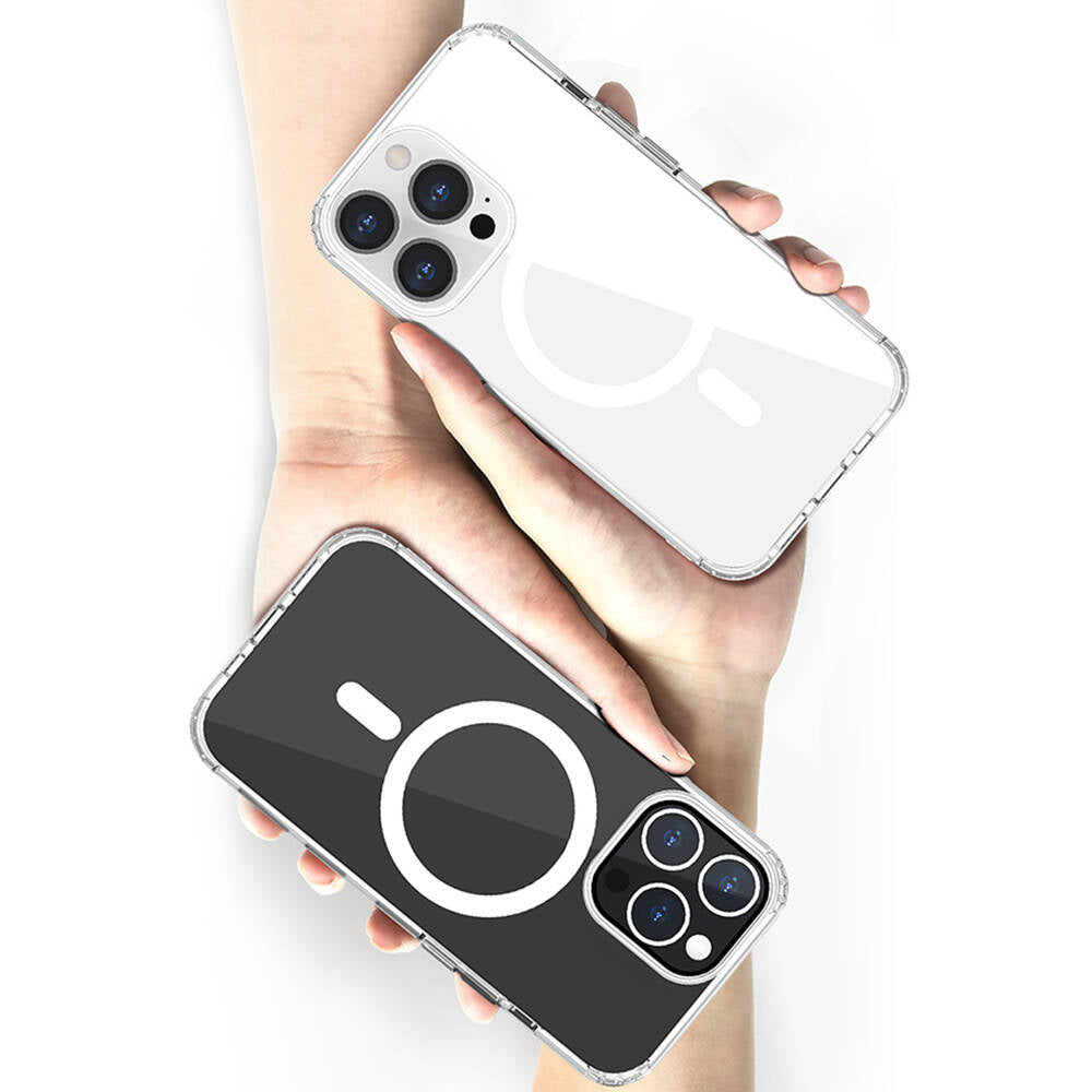 Apple iPhone 13 Kılıf Magsafe Şarj Özellikli Airbagli Şeffaf PC Arka Yüzey Recci Magnetik Suction Serisi Kapak Şeffaf