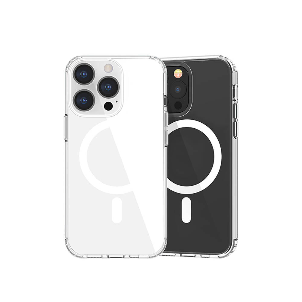 Apple iPhone 13 Kılıf Magsafe Şarj Özellikli Airbagli Şeffaf PC Arka Yüzey Recci Magnetik Suction Serisi Kapak Şeffaf