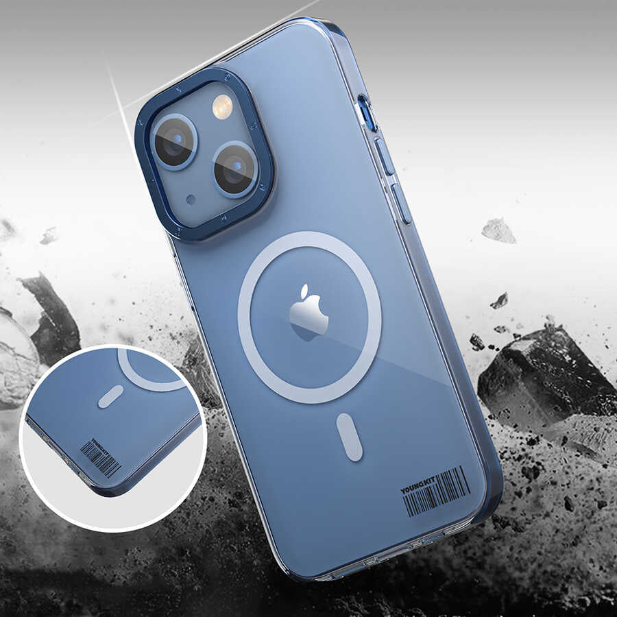 Apple iPhone 13 Kılıf Magsafe Şarj Özellikli Youngkit Coloured Glaze Serisi Kapak Mavi