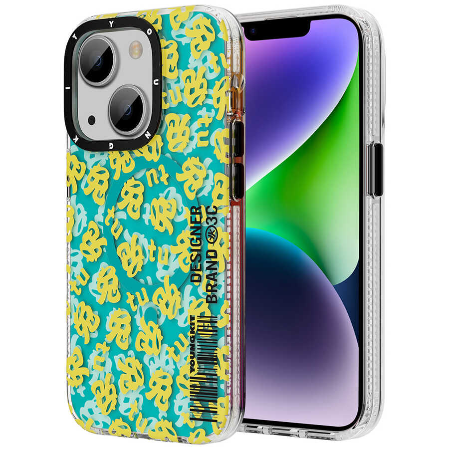 Apple iPhone 13 Kılıf Magsafe Şarj Özellikli Youngkit Play Rabbit Serisi Kapak Sarı