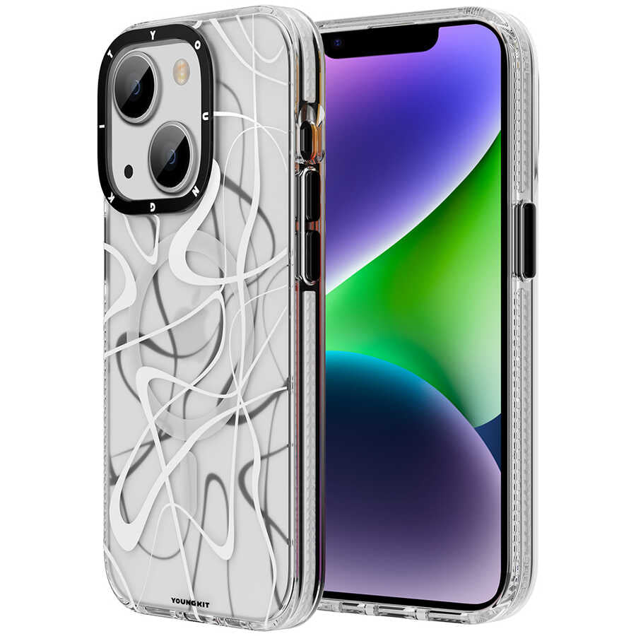 Apple iPhone 13 Kılıf Magsafe Şarj Özellikli Youngkit Water-Ink Serisi Kapak Beyaz