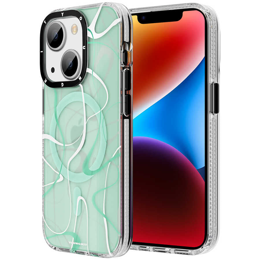 Apple iPhone 13 Kılıf Magsafe Şarj Özellikli Youngkit Water-Ink Serisi Kapak Yeşil