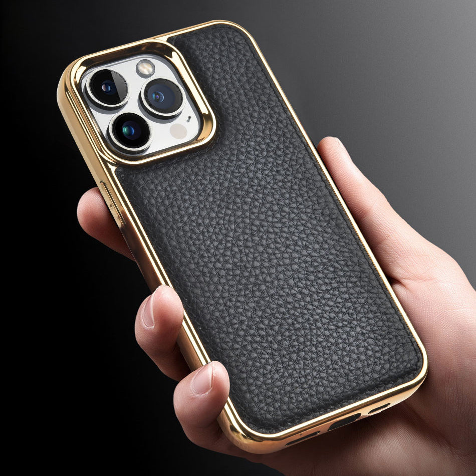 Apple iPhone 13 Kılıf Wiwu Genuine Leather Gold Calfskin Orjinal Deri Kapak Siyah