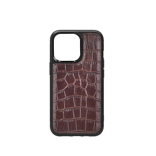 Apple iPhone 13 Mini Kılıf Wiwu Croco Pattern Calfskin Orjinal Deri Kapak Kahverengi