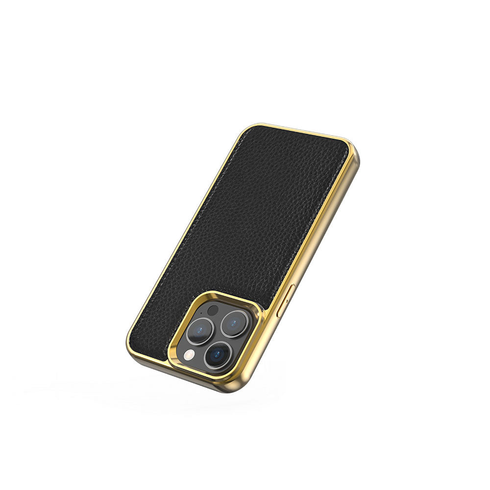 Apple iPhone 13 Mini Kılıf Wiwu Genuine Leather Gold Calfskin Orjinal Deri Kapak Siyah