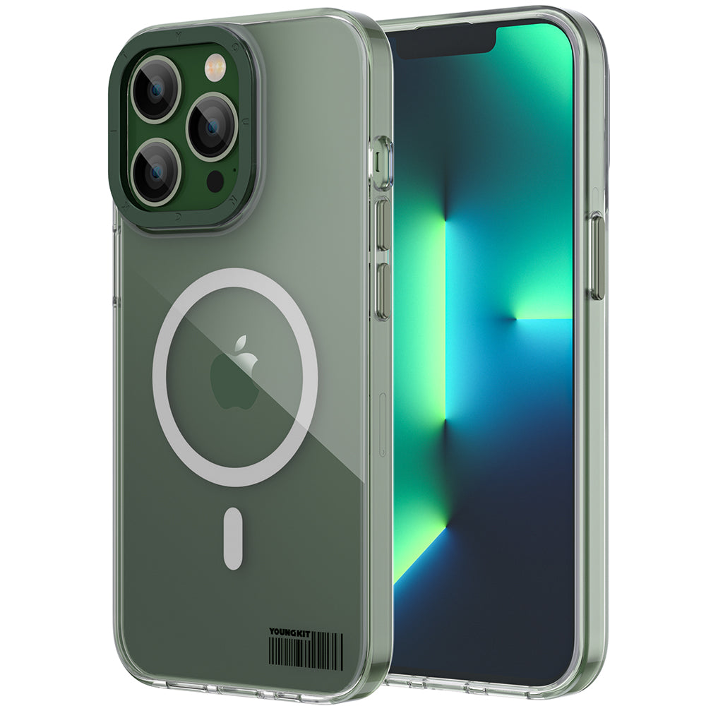 Apple iPhone 13 Pro Kılıf Magsafe Şarj Özellikli Youngkit Coloured Glaze Serisi Kapak Yeşil