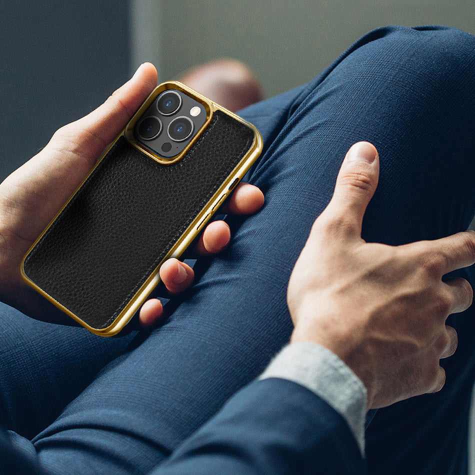 Apple iPhone 13 Pro Kılıf Wiwu Genuine Leather Gold Calfskin Orjinal Deri Kapak Mavi