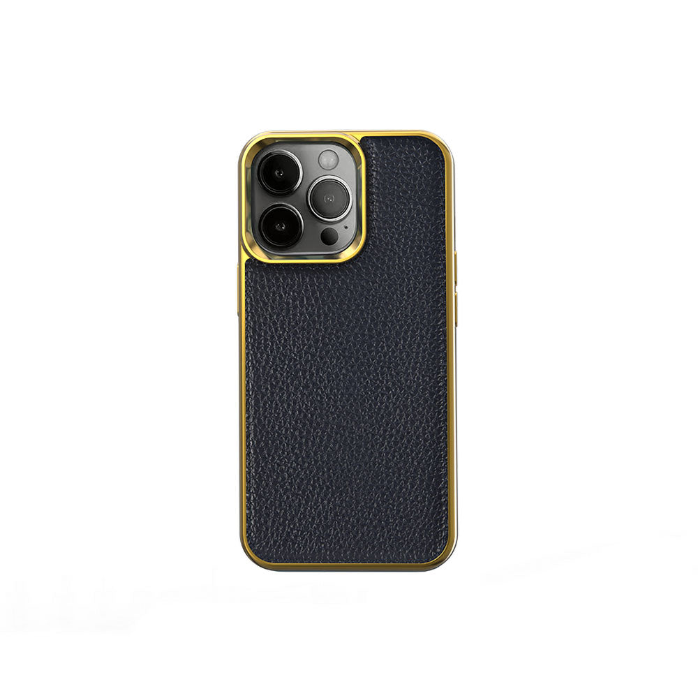 Apple iPhone 13 Pro Kılıf Wiwu Genuine Leather Gold Calfskin Orjinal Deri Kapak Mavi