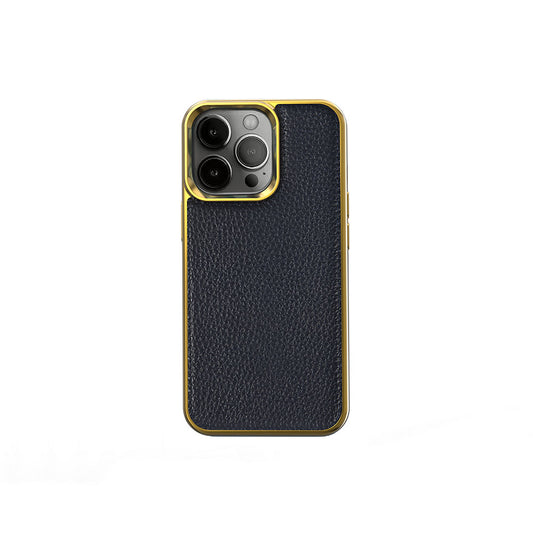 Apple iPhone 13 Pro Kılıf Wiwu Genuine Leather Gold Calfskin Orjinal Deri Kapak Mavi