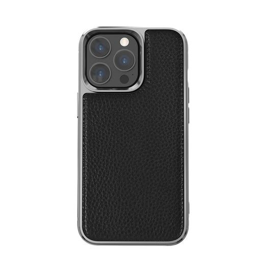 Apple iPhone 13 Pro Kılıf Wiwu Genuine Leather Silver Calfskin Orjinal Deri Kapak Siyah