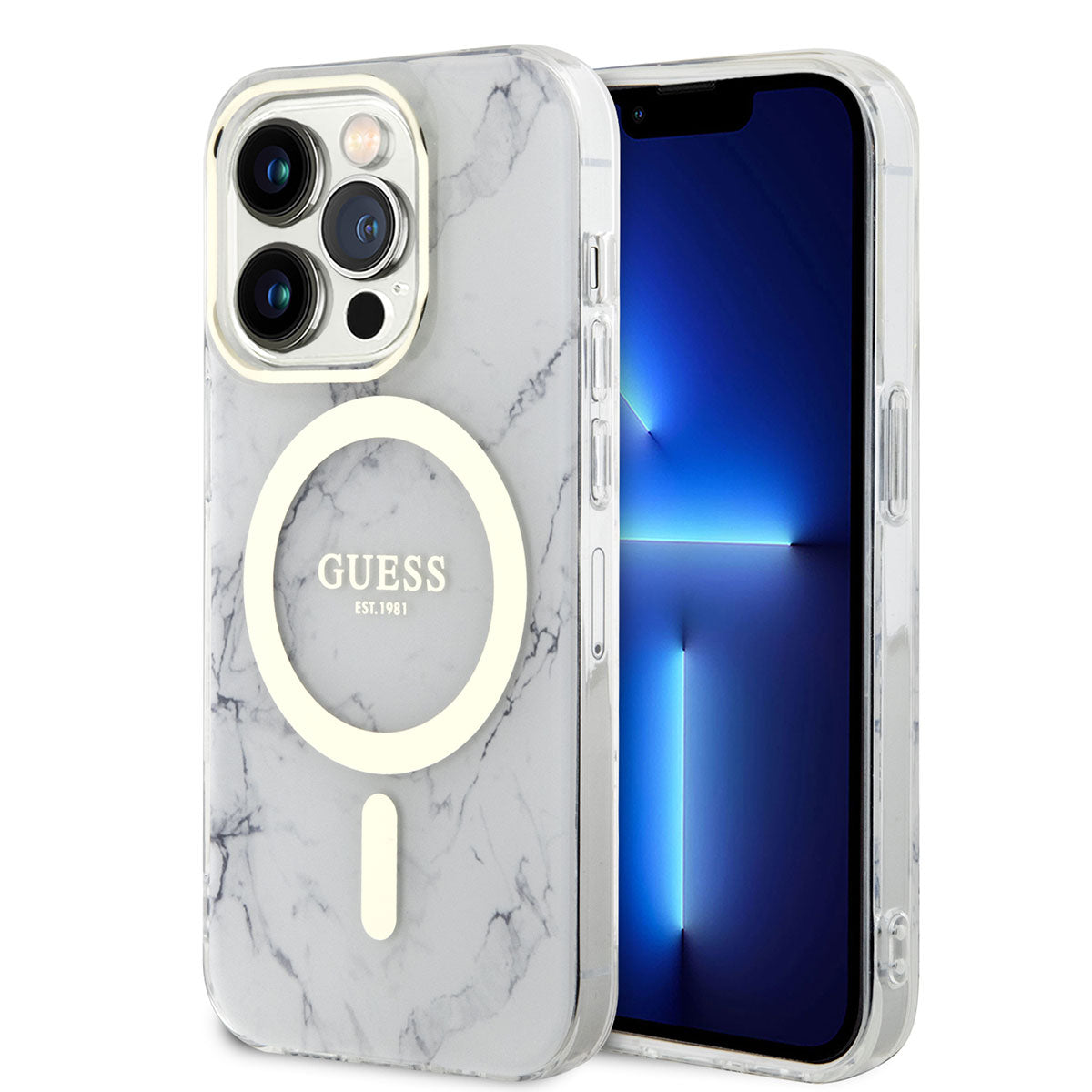 Apple iPhone 13 Pro Max Kılıf GUESS Magsafe Şarj Özellikli Mermer Desenli Kapak Beyaz
