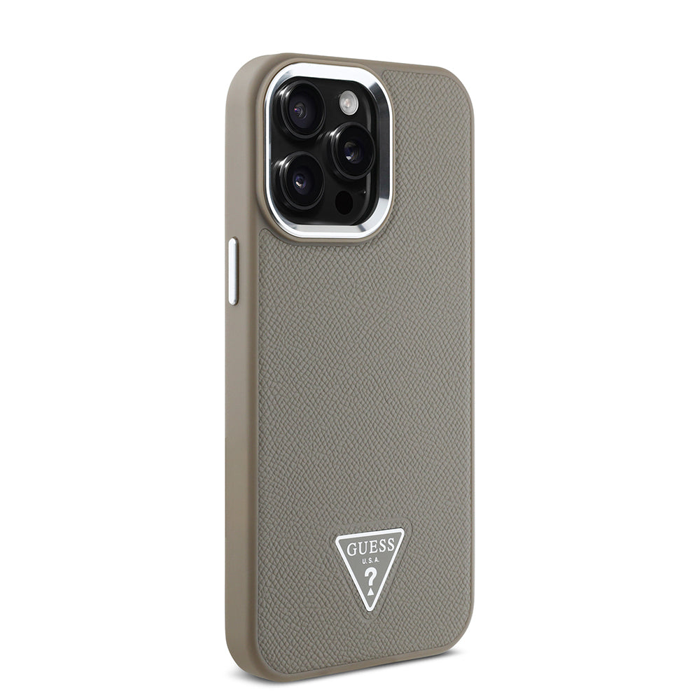 Apple iPhone 13 Pro Max Kılıf Guess Orjinal Lisanslı M-safe Şarj Özellikli Grained Triangle Kapak Kahverengi