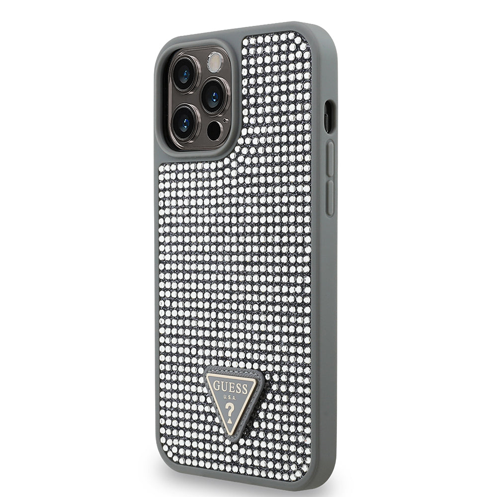 Apple iPhone 13 Pro Max Kılıf Guess Orjinal Lisanslı Taşlı Arka Yüzey Üçgen Logolu Kapak Siyah