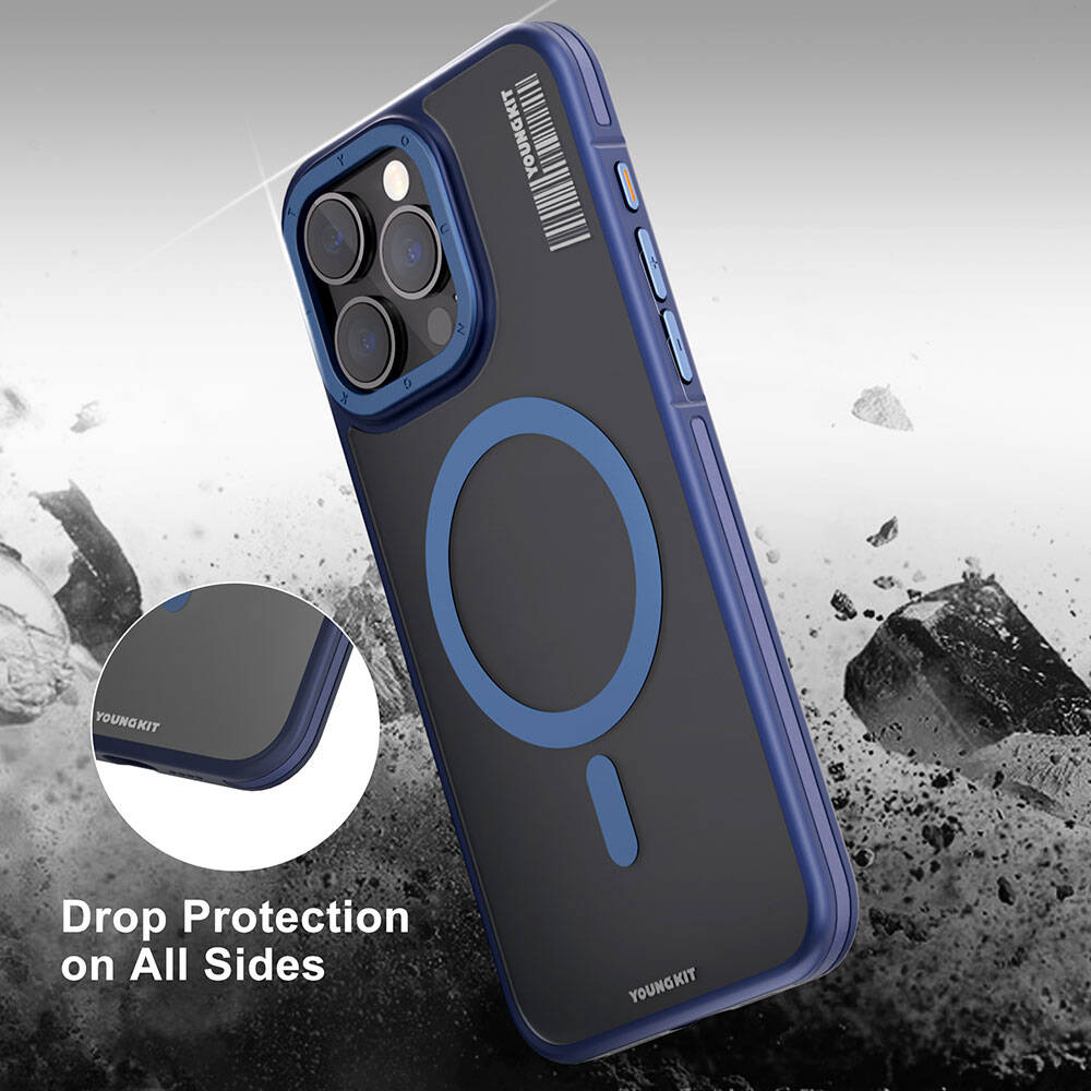 Apple iPhone 13 Pro Max Kılıf Magsafe Şarj Özellikli Youngkit Rock Sand Serisi Kapak Mavi