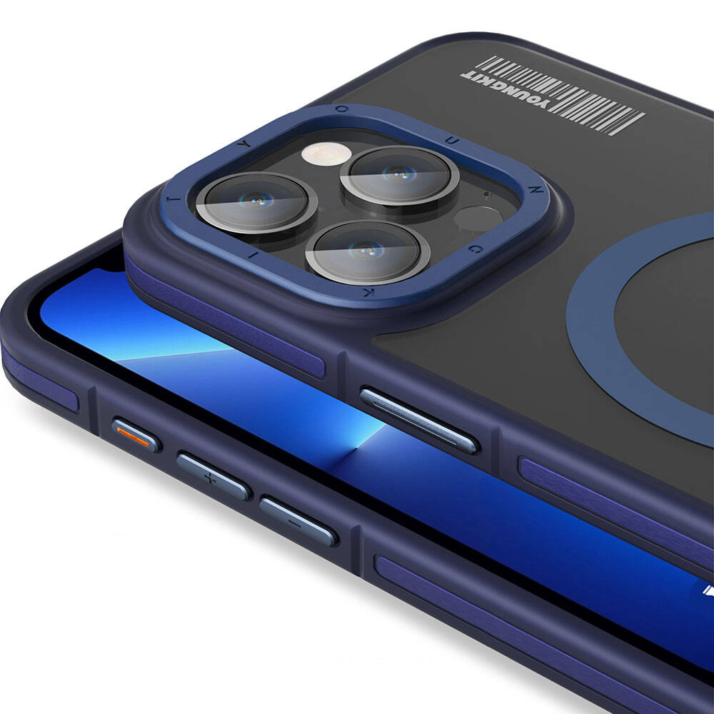 Apple iPhone 13 Pro Max Kılıf Magsafe Şarj Özellikli Youngkit Rock Sand Serisi Kapak Mavi