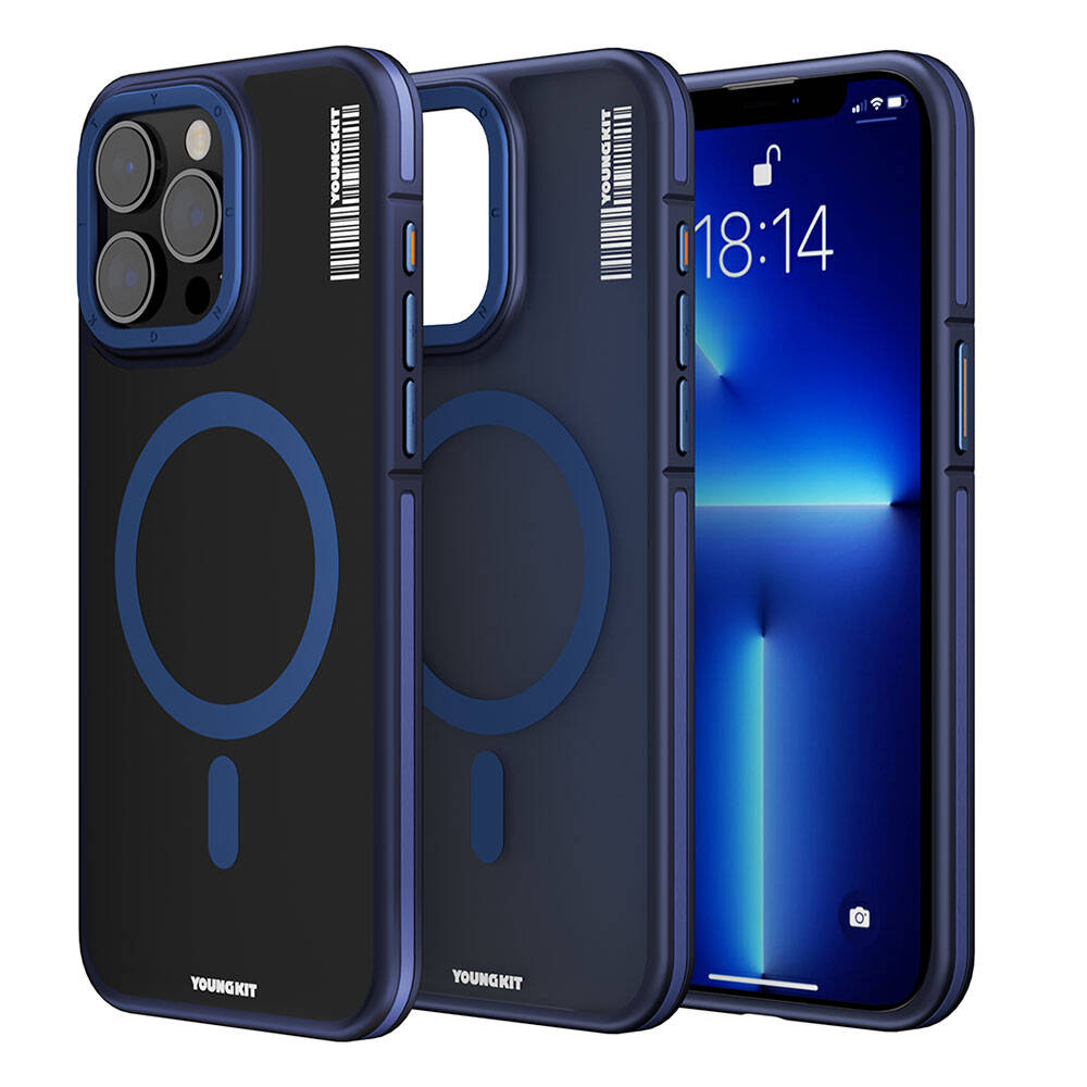 Apple iPhone 13 Pro Max Kılıf Magsafe Şarj Özellikli Youngkit Rock Sand Serisi Kapak Mavi