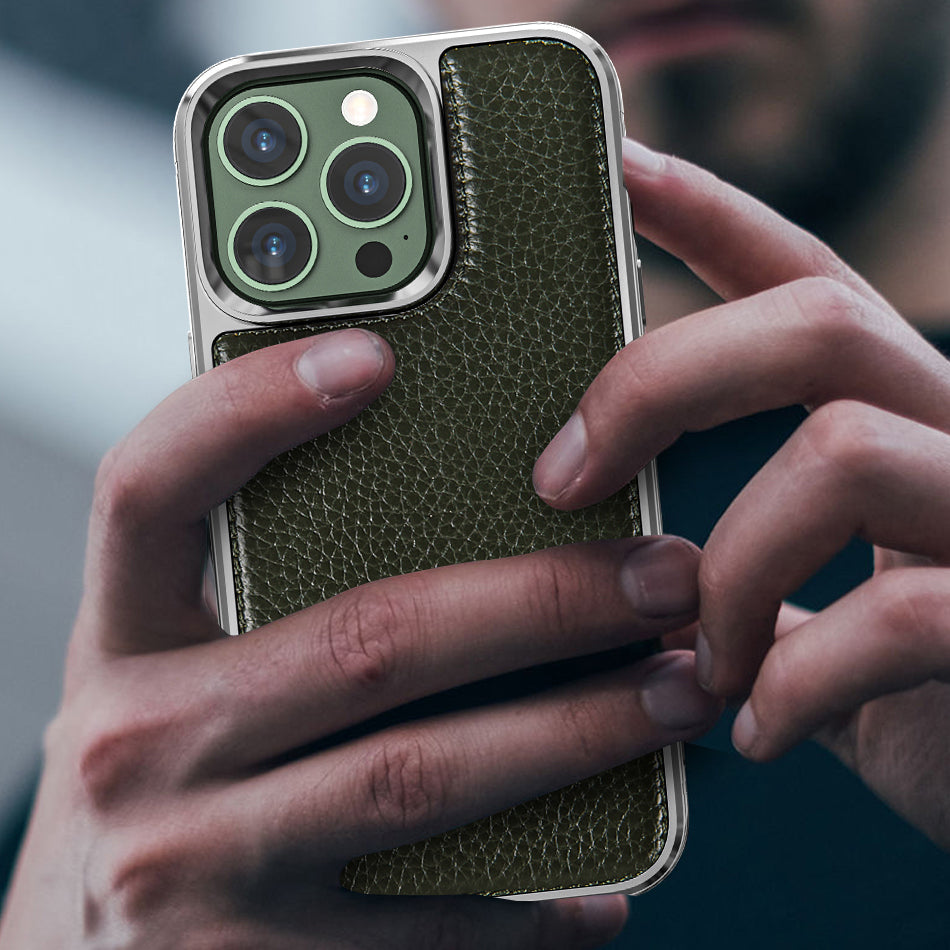 Apple iPhone 13 Pro Max Kılıf Wiwu Genuine Leather Silver Calfskin Orjinal Deri Kapak Siyah