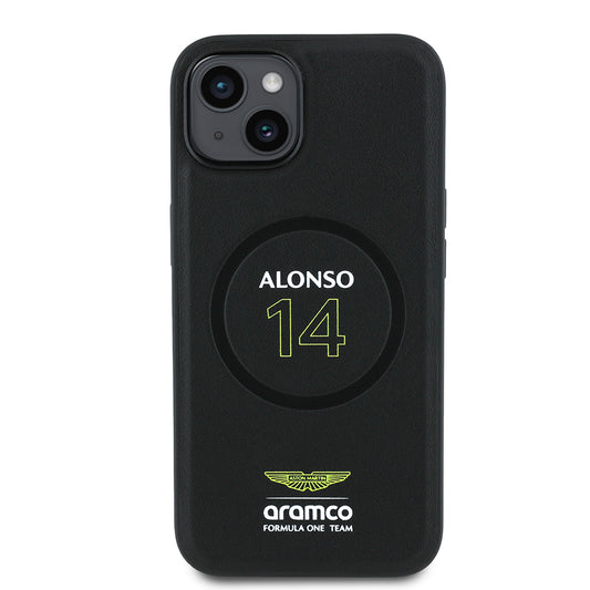 Apple iPhone 14 Kılıf Aston Martin Orjinal Lisanslı M-safe Şarj Özellikli PU Deri Alonso 14 Baskılı Kapak Siyah