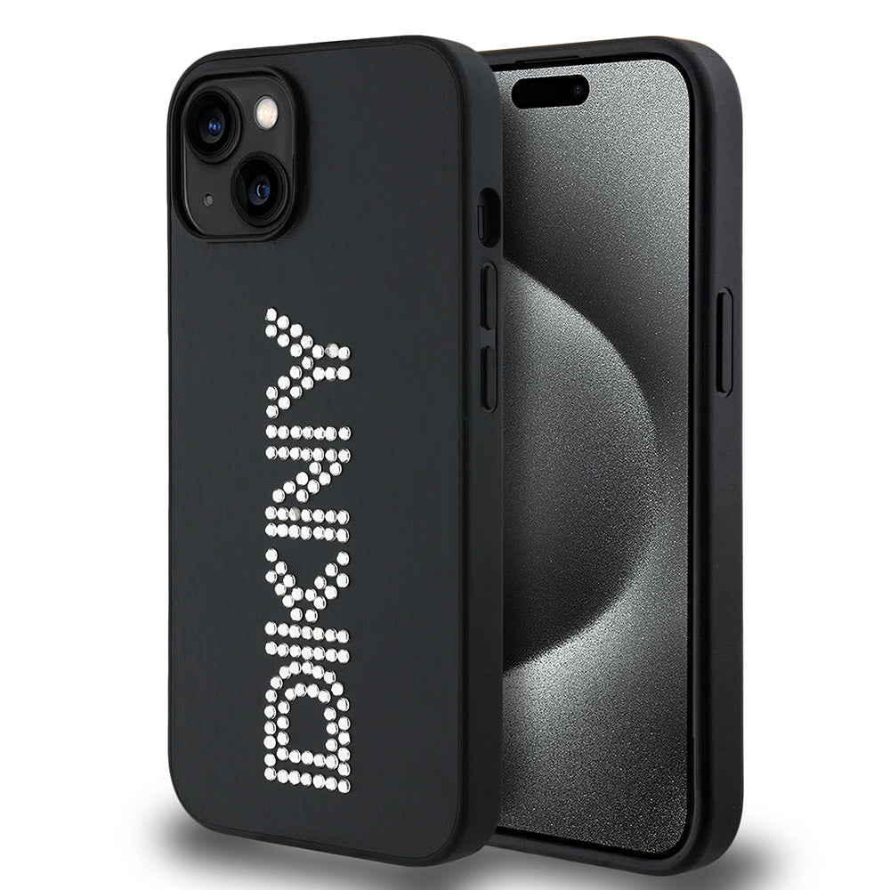 Apple iPhone 14 Kılıf DKNY Orjinal Lisanslı Taşlı DKNY Yazılı Metalik Rhinestones PU Deri Kapak Siyah