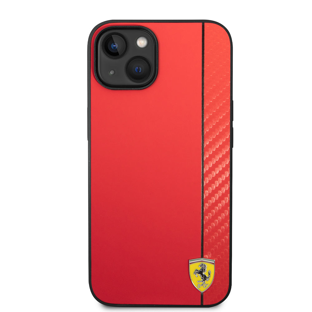 Apple iPhone 14 Kılıf Ferrari Orjinal Lisanslı Magsafe Şarj Özellikli Pu Deri Ve Karbon Şeritli Dizayn Kapak Kırmızı