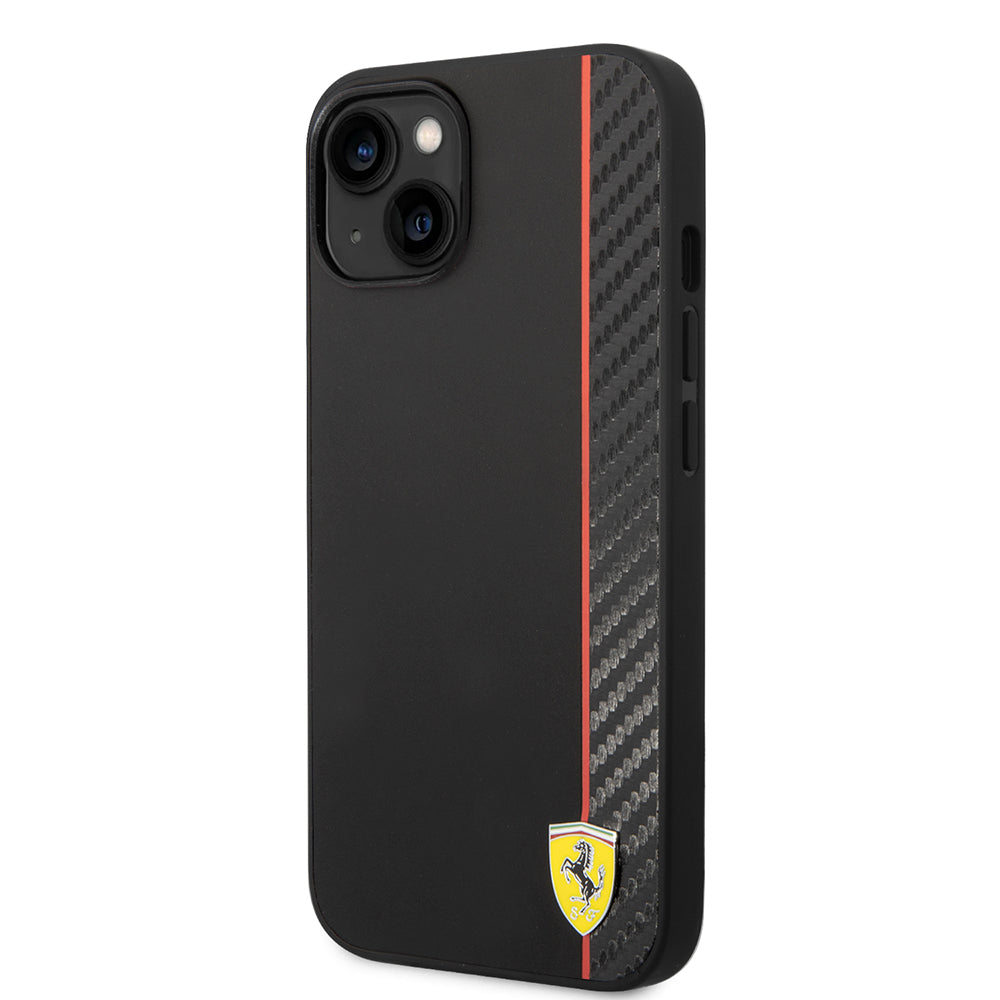 Apple iPhone 14 Kılıf Ferrari Orjinal Lisanslı Magsafe Şarj Özellikli Pu Deri Ve Karbon Şeritli Dizayn Kapak Kırmızı