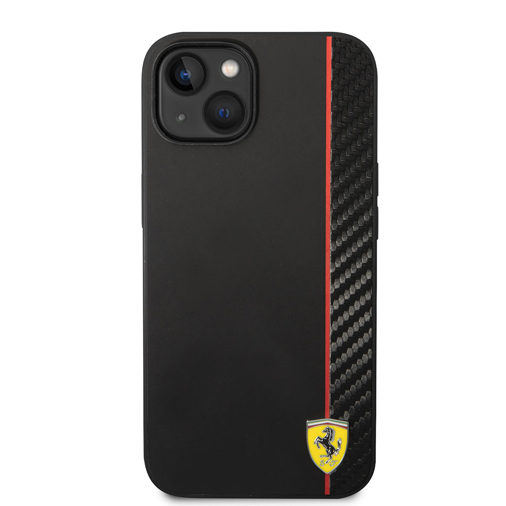 Apple iPhone 14 Kılıf Ferrari Orjinal Lisanslı Magsafe Şarj Özellikli Pu Deri Ve Karbon Şeritli Dizayn Kapak Kırmızı
