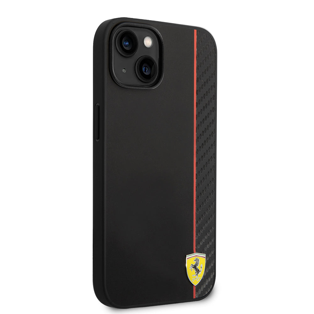 Apple iPhone 14 Kılıf Ferrari Orjinal Lisanslı Magsafe Şarj Özellikli Pu Deri Ve Karbon Şeritli Dizayn Kapak Kırmızı